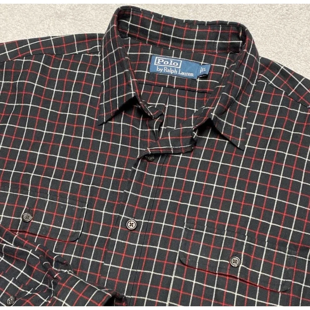 Polo‎ Ralph Lauren Flannel Shirt Mens Large Black Plaid GI Flap Pockets Outdoors